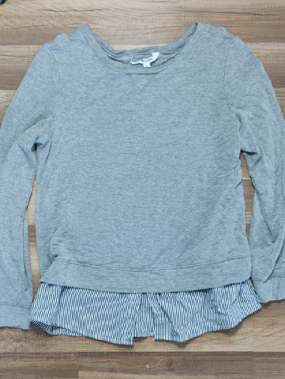 BB Dakota Light Gray Layered Look Sweatshirt with Blue-White Striped Ruffle Hem